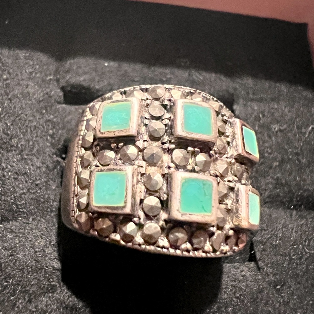 Turquoise & Marcasite wide band ring size 7 SS